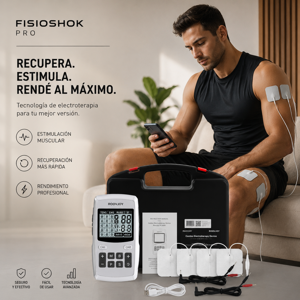 Electroestimulador Profesional 4 en 1 – EMS- TENS- IF (Interferencial) - Modo RUSS - Tecnología Avanzada para Recuperación y Alivio Muscular 100 programas 90 intensidades especializado en dolores crónicos