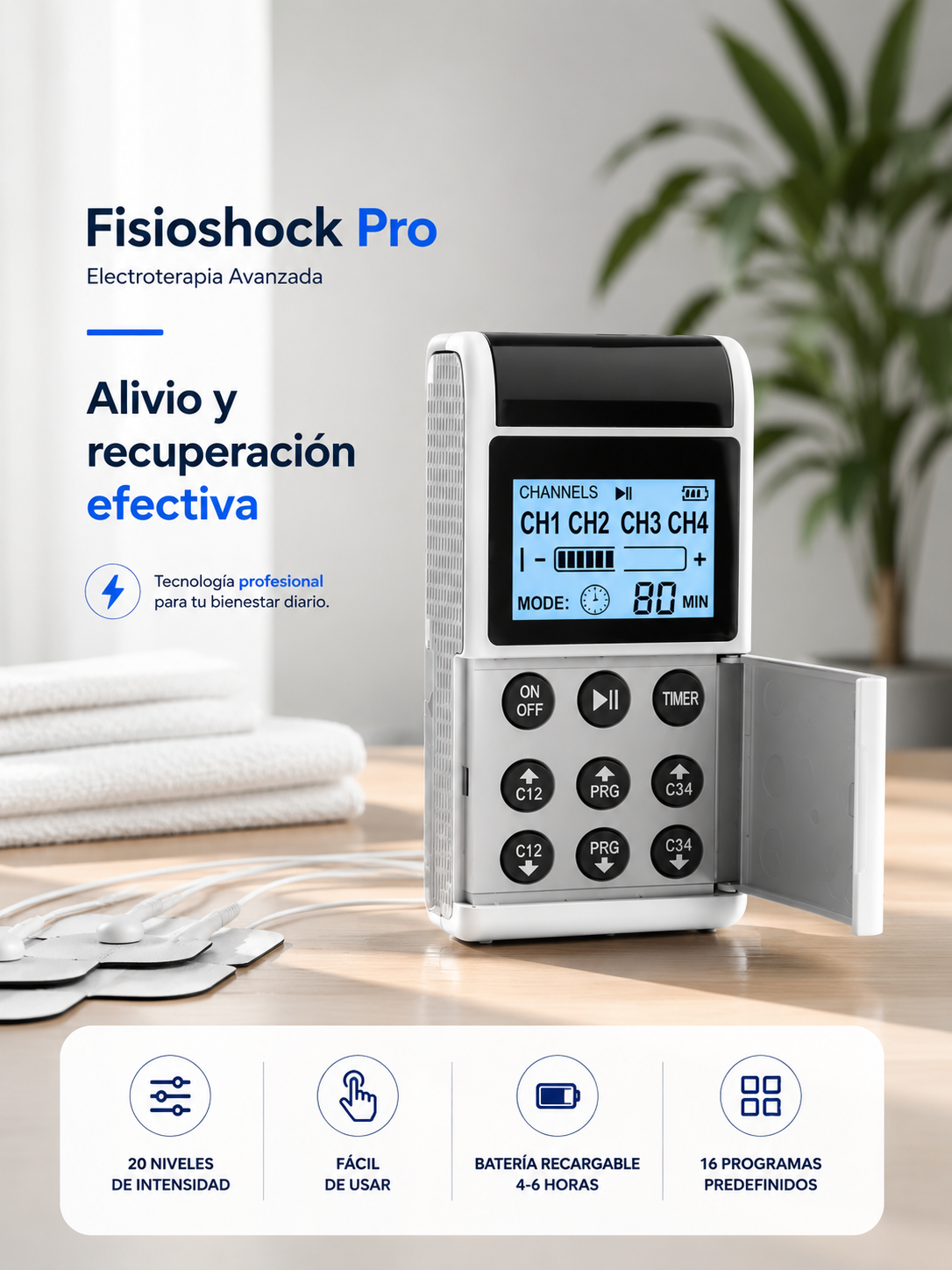 Electroestimulador Profesional MH-1087 de 4 Canales 8 electrodos mas trabajo mas eficiente 15 modos inteligentes de masajes + 20 niveles de intensidad