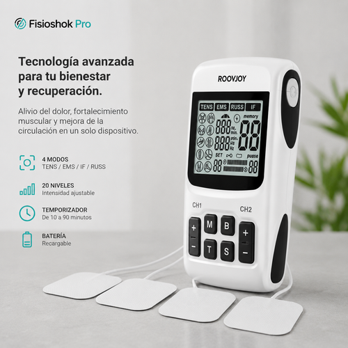 Electroestimulador Profesional 4 en 1 – EMS- TENS- IF (Interferencial) - Modo RUSS - Tecnología Avanzada para Recuperación y Alivio Muscular 100 programas 90 intensidades especializado en dolores crónicos
