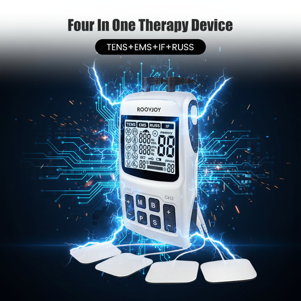 Professional 4-in-1 Electro stimulator – EMS- TENS- IF (Interferential) - RUSS Mode - Advanced Technology for Muscle Recovery and Relief 100 programs 90 intensities specialized in chronic pain