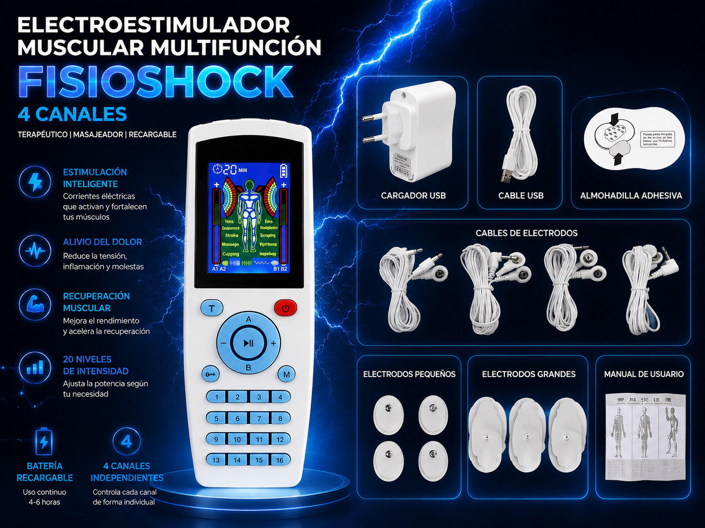 FISIOSHOCK 4-Channel Therapeutic Muscle Electrostimulator and Massager